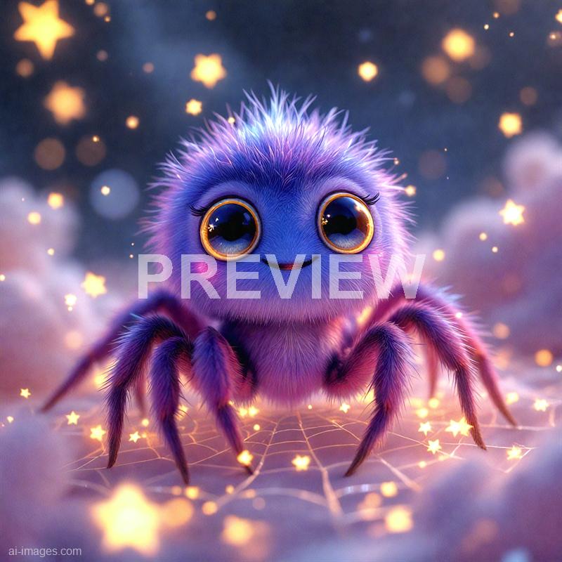 The image features an adorable, animated spider with a round, fluffy body covered in purple and pink fur. It has large, expressive, shiny eyes with golden rings around the pupils, a tiny smiling mouth, and delicate, furry legs. The background is a dreamy night sky filled with glowing star-shaped lights, creating a whimsical and magical atmosphere, with the spider sitting on a web that is also illuminated by tiny star-shaped lights.